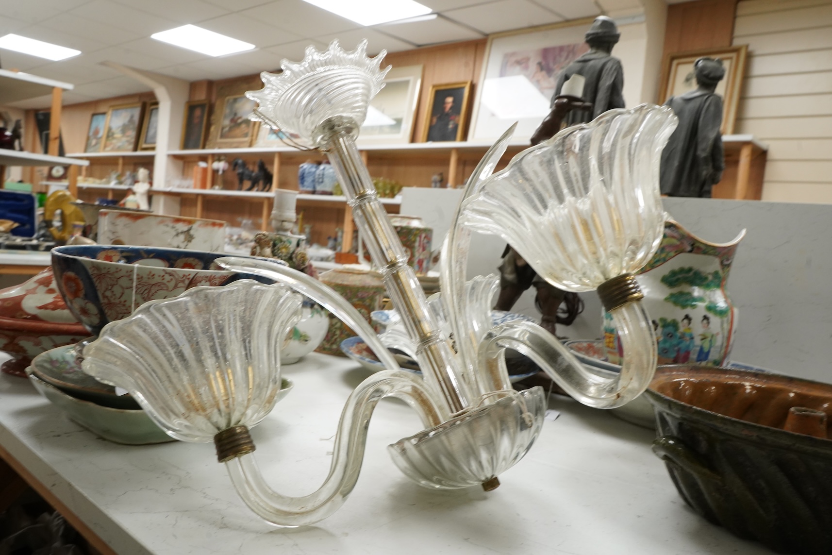 A Venetian style glass three branch floral chandelier, 47cm high.
